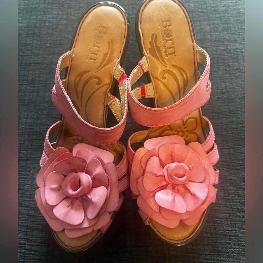 Born Sandals Flower Cone Heel Strappy Platform Slip On Leather Pink Size 8/39 - Picture 5 of 10